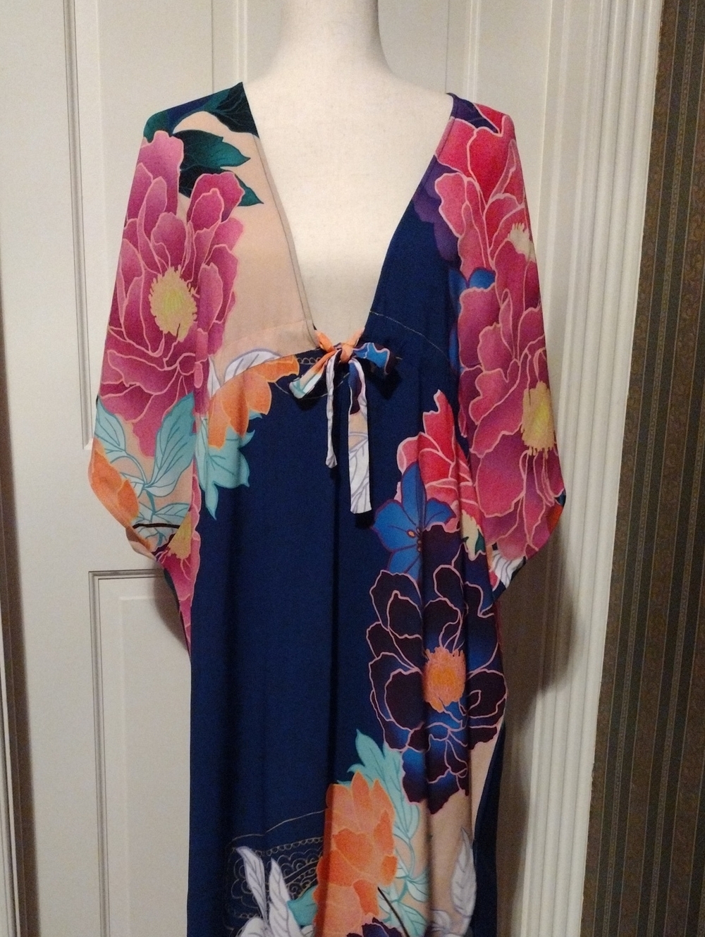 Trina Turk Navy Maxi Kaftan with Pink and Coral Floral Print